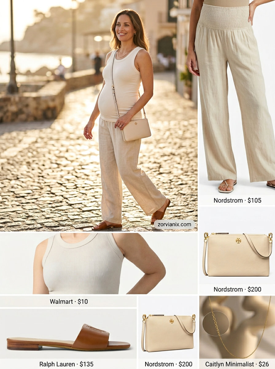 Beige maternity wide-leg pants and white tank for comfy maternity summer outfits 2026. Relaxed daytime look.