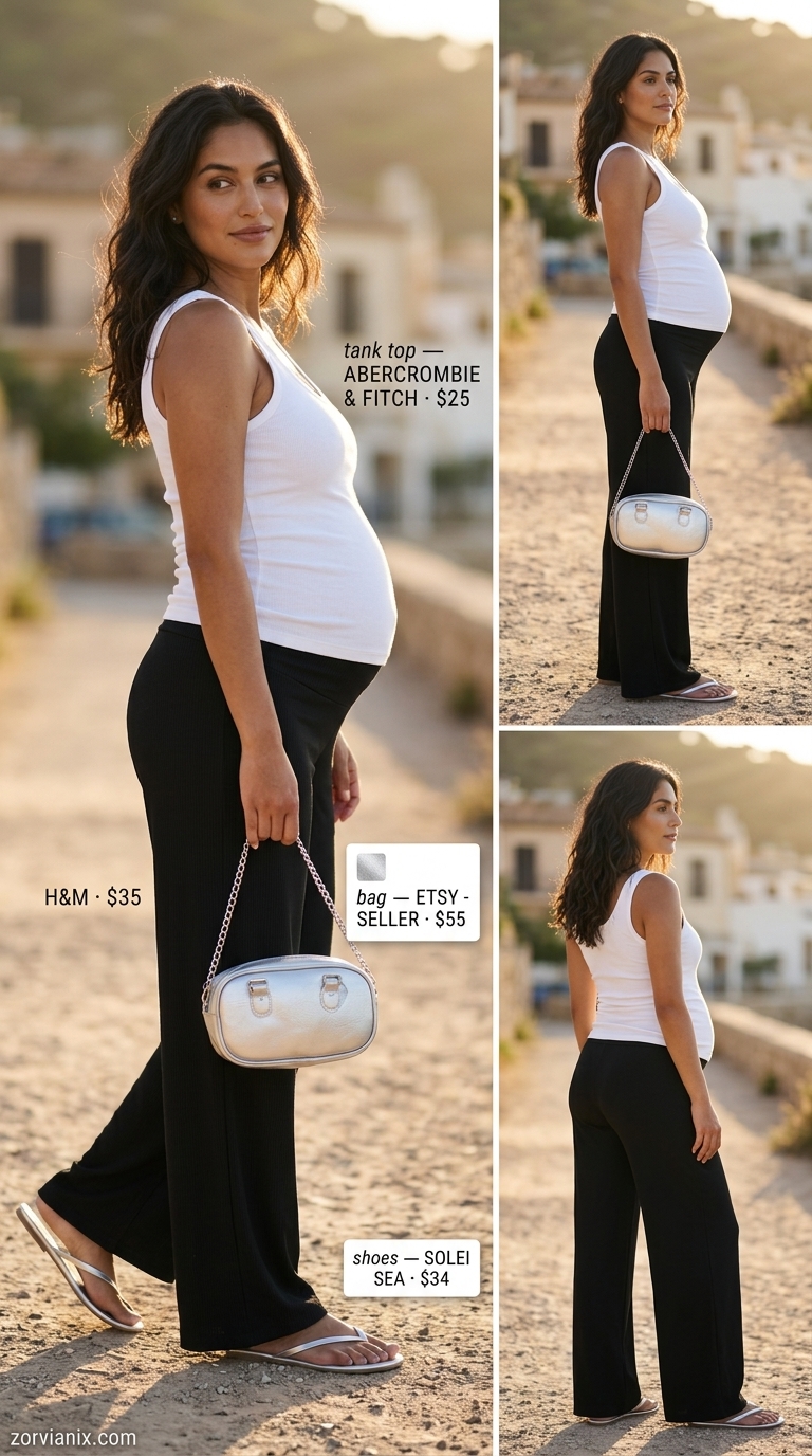 Comfy maternity summer outfits 2026: Navy wide-leg pants, white tank, silver slides for travel.