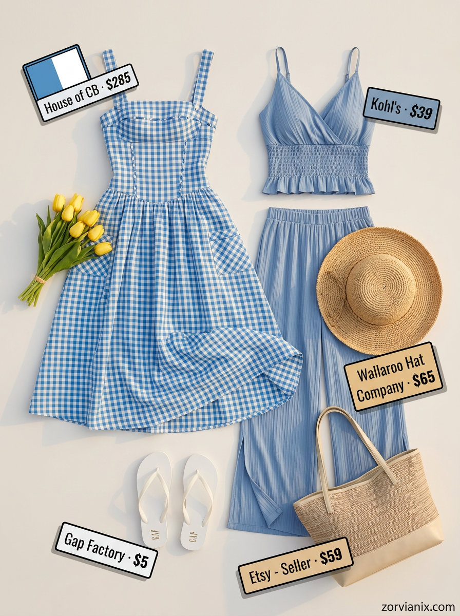 Comfy summer road trip outfits for women 2026: Light blue gingham sundress, straw hat, tote, and flip-flops for a beachy feel.
