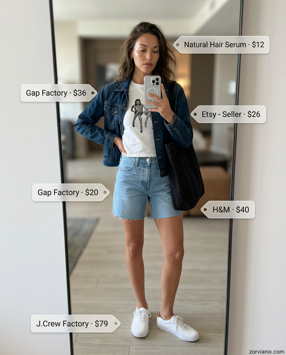 Comfy summer road trip outfits for women 2026: Denim jacket, graphic tee, denim shorts, canvas sneakers, and tote bag for a cool retro look.