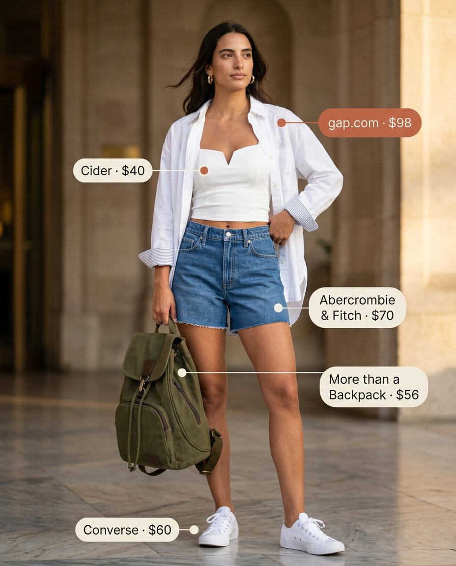 Comfy summer road trip outfits for women 2026: Denim shorts, white oversized shirt, and canvas sneakers for classic casual.