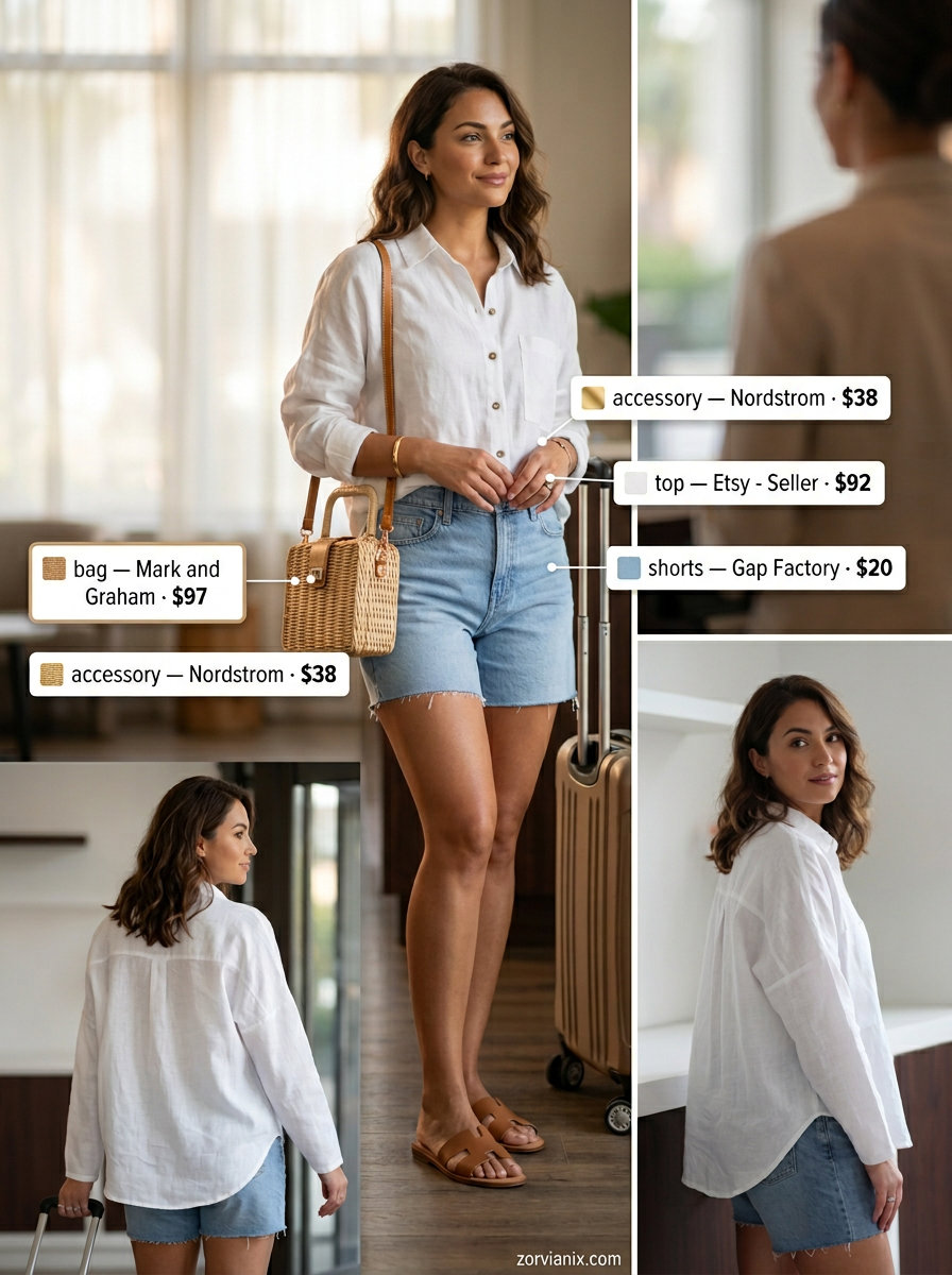 Comfy summer road trip outfits for women 2026: Linen shirt, denim shorts, straw bag, and leather slides for casual sightseeing.