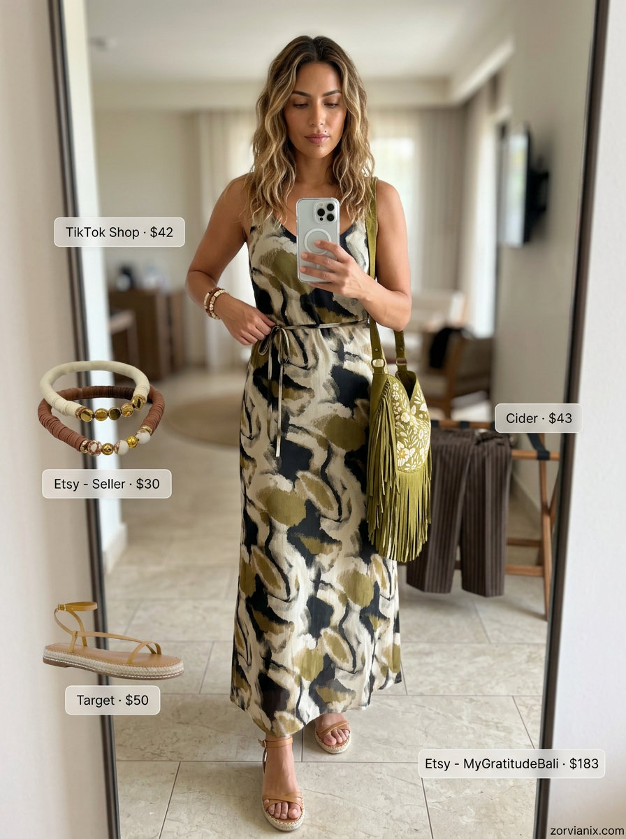 Comfy summer road trip outfits for women 2026: Flowy terracotta maxi dress, jute espadrilles, and suede crossbody bag for a bohemian vibe.