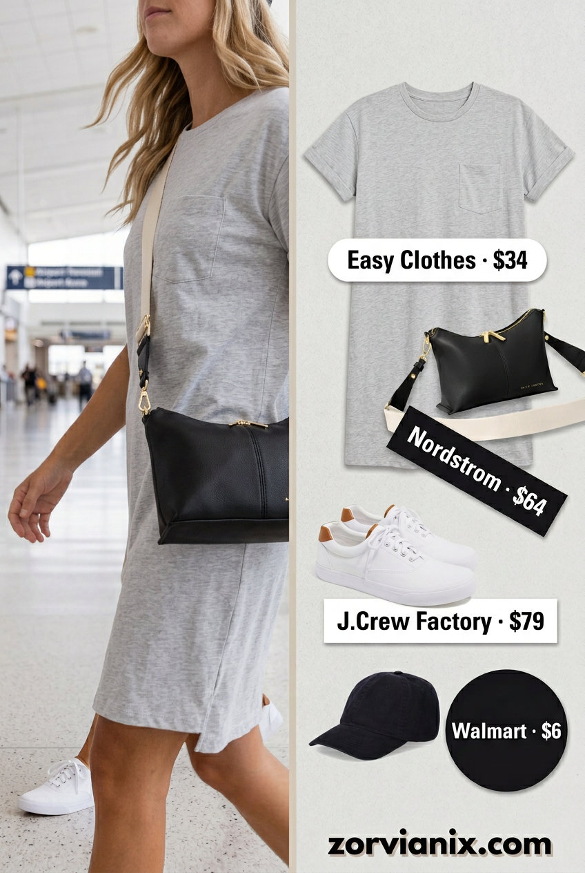 Comfy summer road trip outfits for women 2026: Grey t-shirt dress, white sneakers, black crossbody bag, and baseball cap for casual travel.