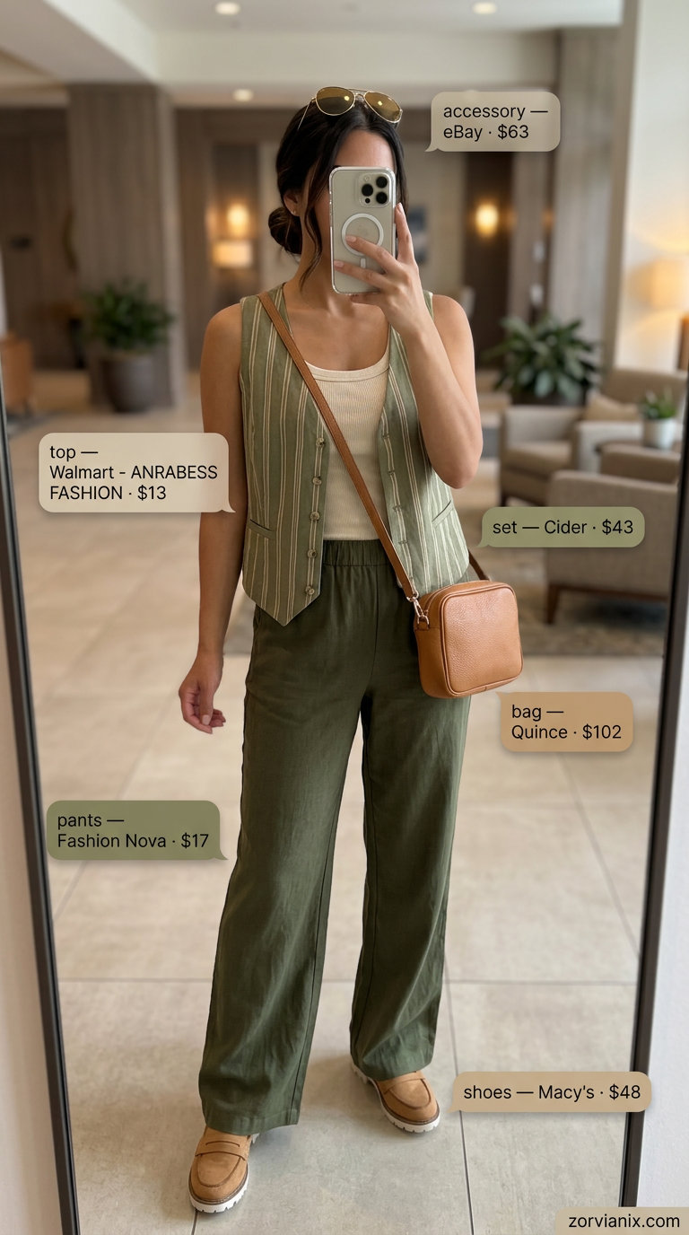 Comfy summer road trip outfits for women 2026: Olive linen pants, ribbed tank, suede loafers, aviators, and crossbody bag for effortless travel.