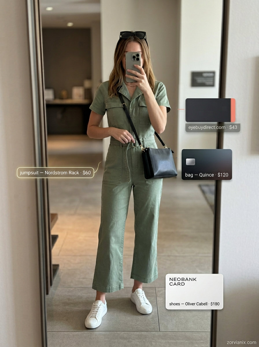 Comfy summer road trip outfits for women 2026: Khaki utility jumpsuit, white sneakers, black crossbody, and sunglasses.