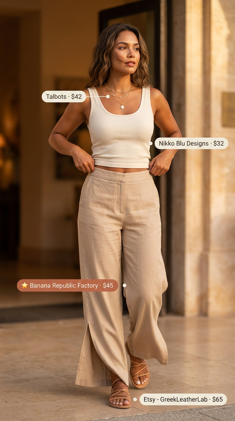 Comfy summer road trip outfits for women 2026: Sand linen pants, cream tank, light blue crossbody, and leather sandals for coastal vibes.