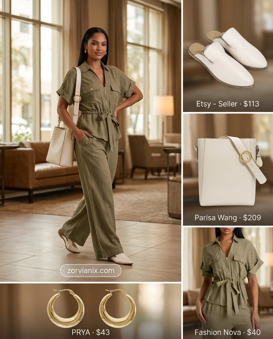Comfy summer road trip outfits for women 2026: Olive green linen set, cream mules, and leather tote for a chic arrival.