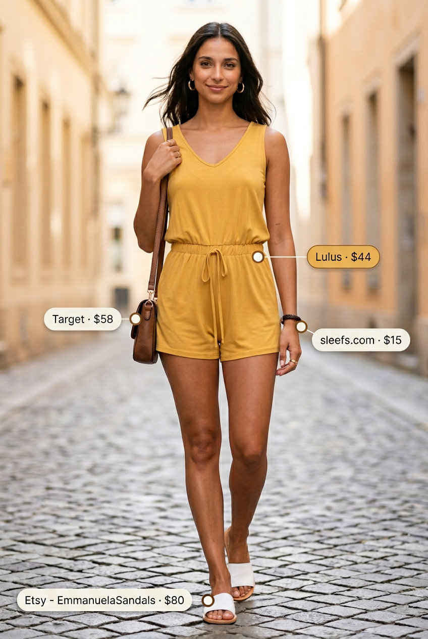 Comfy summer road trip outfits for women 2026: Mustard yellow romper with leather sandals and crossbody bag.