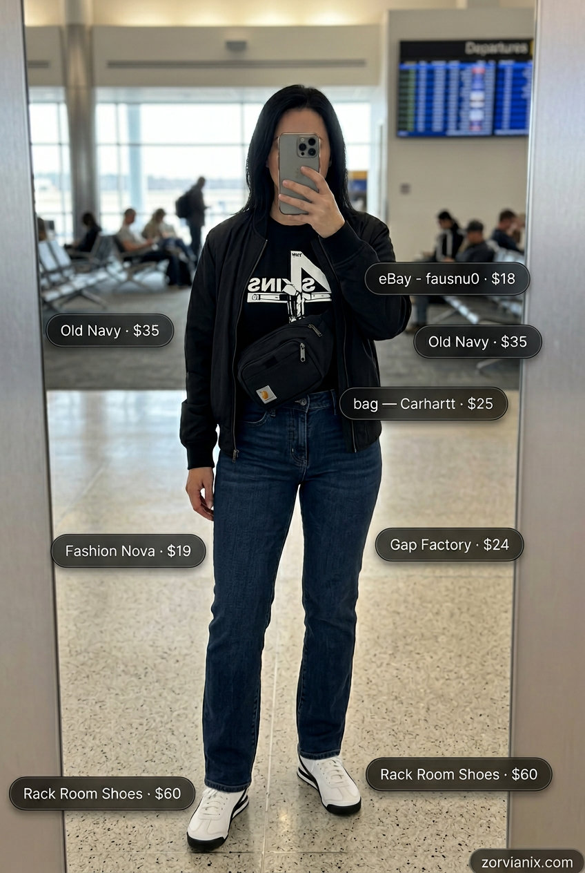 Comfy summer road trip outfits for women 2026: Retro band tee, bomber jacket, straight leg jeans, and sneakers.