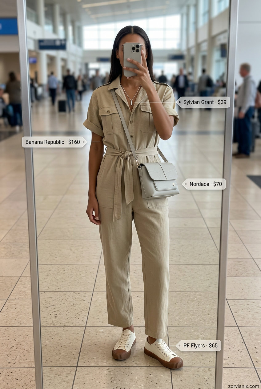 Comfy summer road trip outfits for women 2026: Khaki utility jumpsuit, canvas sneakers, and crossbody bag for travel.