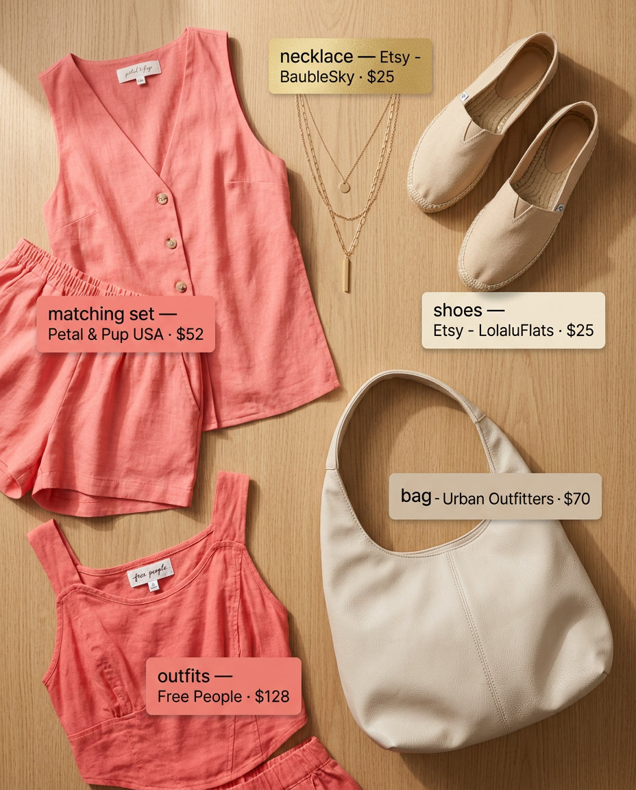 Comfy summer road trip outfits for women 2026: Coral knit shorts set, espadrilles, and slouchy hobo bag for relaxed chic travel.