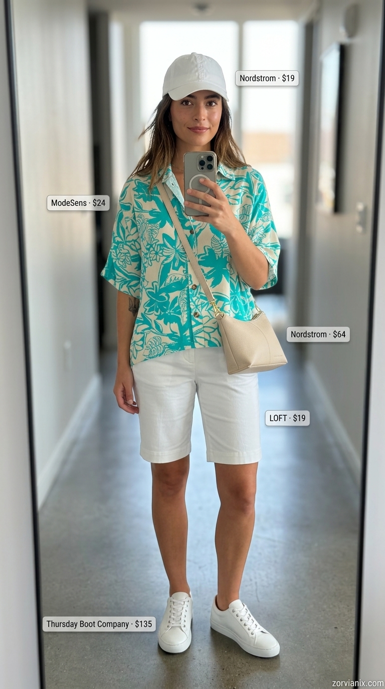 Chic Summer Concert Outfits 2026: Bermuda Shorts Style Concert outfits for women summer 2026: Chic white Bermuda shorts with a printed camp collar shirt and sneakers.
