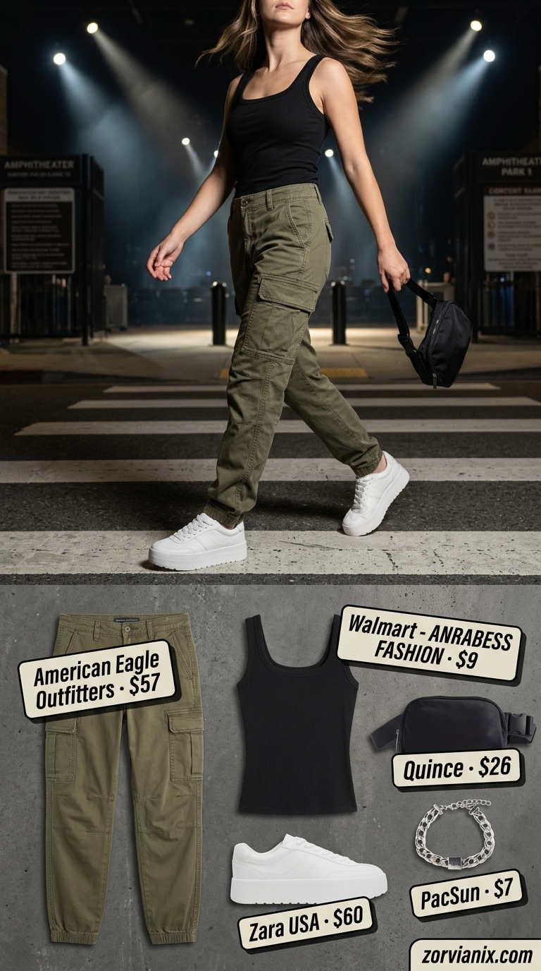 Trendy Summer Concert Outfits 2026: Cargo Pants Style Concert outfits for women summer 2026: Trendy olive green cargo pants with a ribbed tank and platform sneakers.