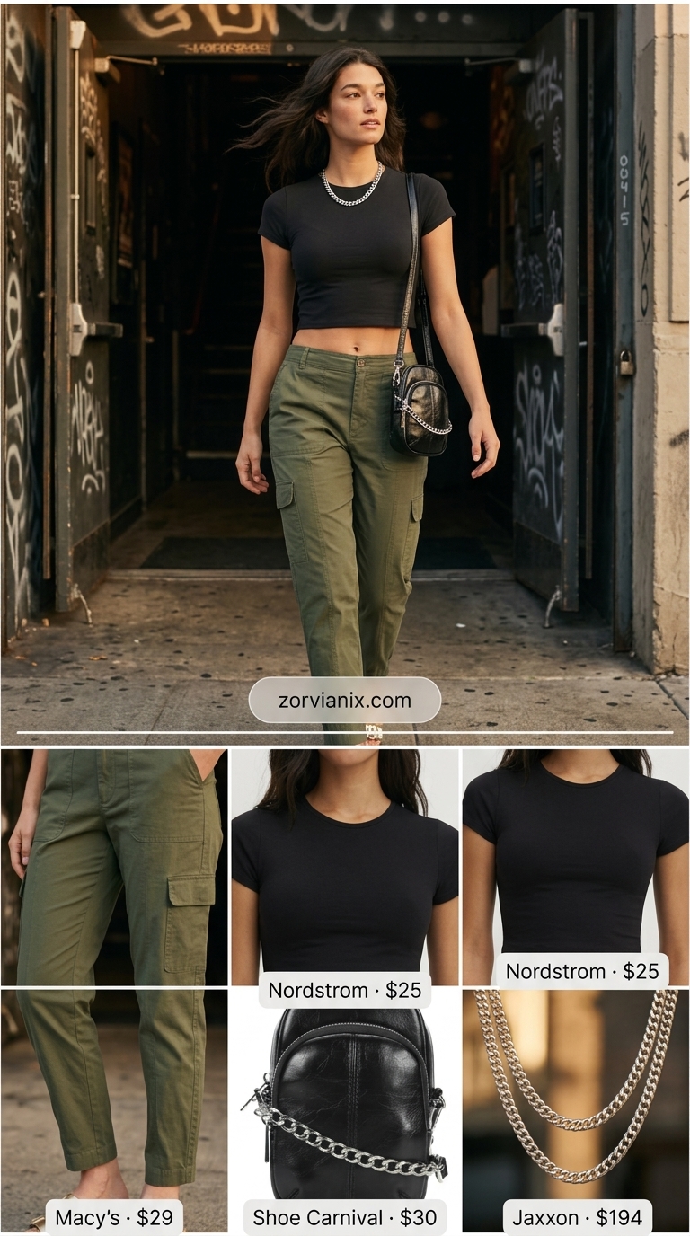 Urban Explorer Cargo Concert Outfits for Women Summer 2026 Olive green cargo pants and cropped tee for concert outfits for women summer 2026. Edgy and functional.