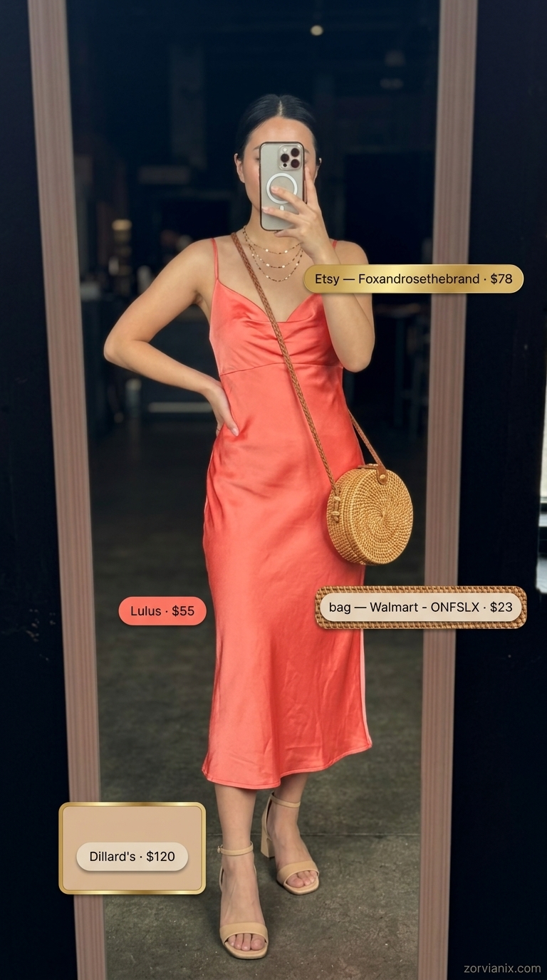 Sunset Serenade Slip Dress Concert Outfits for Women Summer 2026 Coral slip dress, gold necklaces, and block heel sandals for concert outfits for women summer 2026. Effortless and chic.