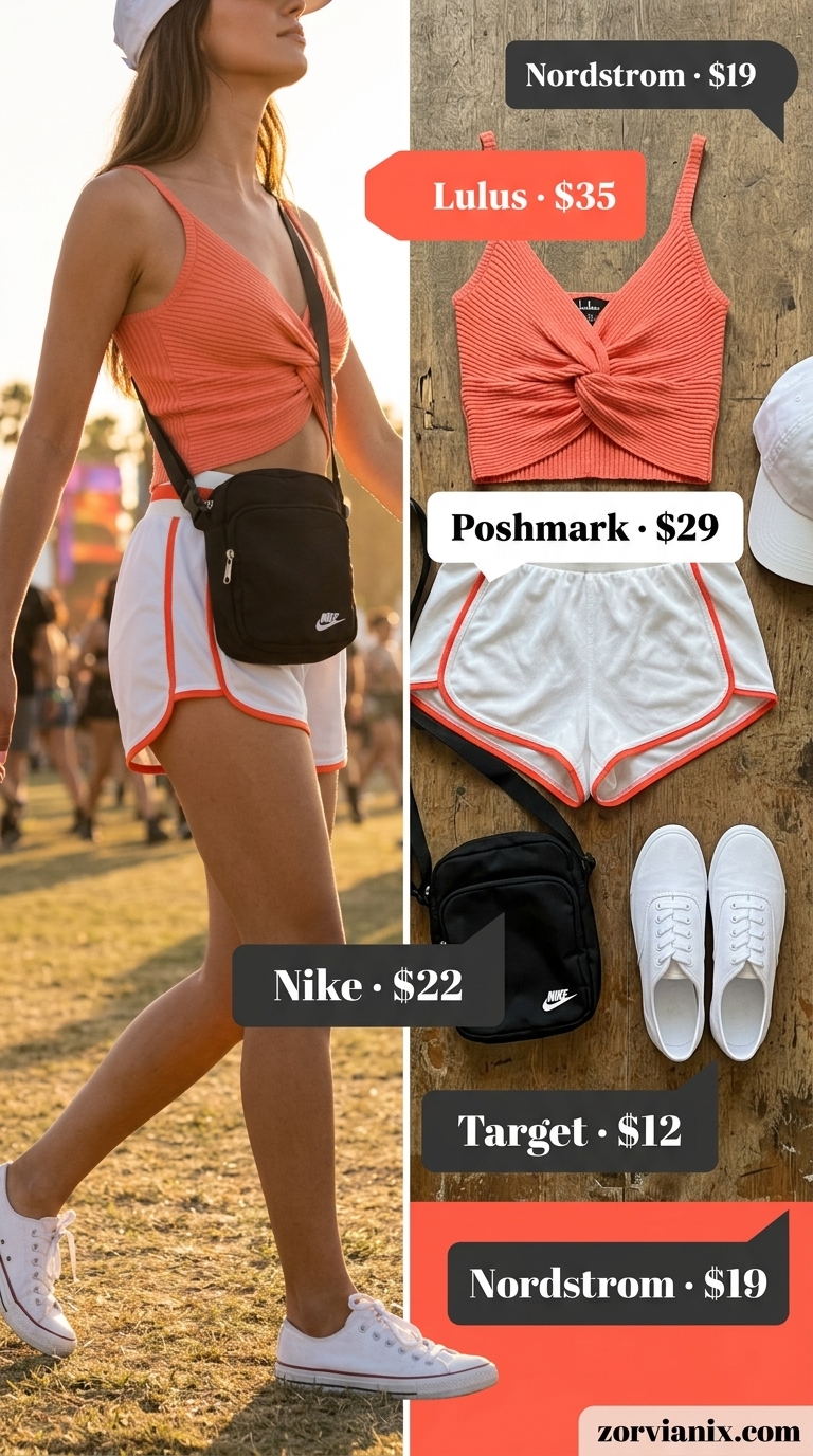 Sporty Summer Concert Outfits 2026: Retro Tank Style Concert outfits for women summer 2026: Retro coral tank top with athletic shorts and sneakers for a sporty vibe.