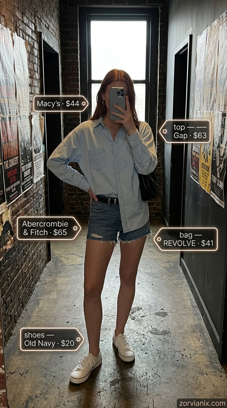 Denim Duo Cool Concert Outfits for Women Summer 2026 Denim shorts and oversized denim shirt outfit for concert outfits for women summer 2026. Casual and cool.