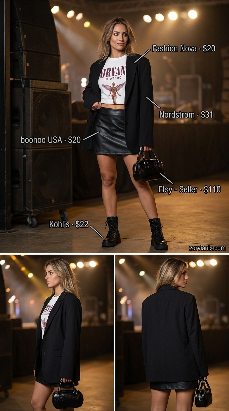 Edgy Mini Skirt Concert Outfits for Women Summer 2026 Edgy faux leather mini skirt, band tee, and blazer for concert outfits for women summer 2026. Edgy and confident.
