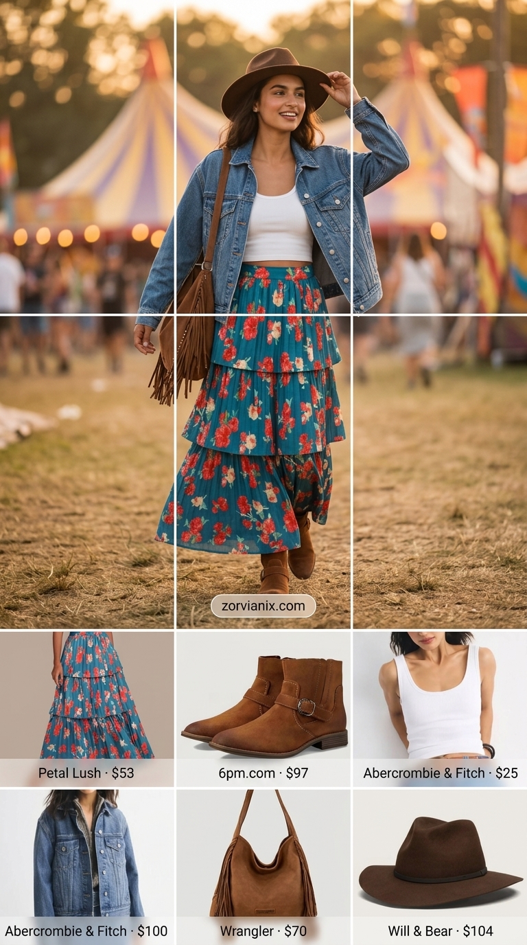 Festival Flow Maxi Concert Outfits for Women Summer 2026 Floral maxi skirt, denim jacket, and fringe bag for concert outfits for women summer 2026. Bohemian and relaxed.