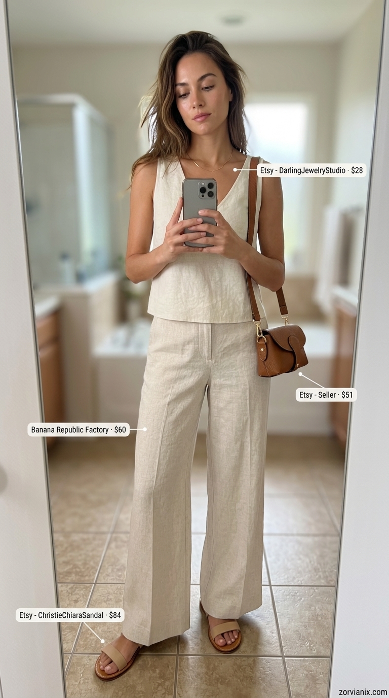 Sophisticated Summer Concert Outfits 2026: Linen Set Concert outfits for women summer 2026: Sophisticated beige linen set with wide-leg pants and bandeau top.