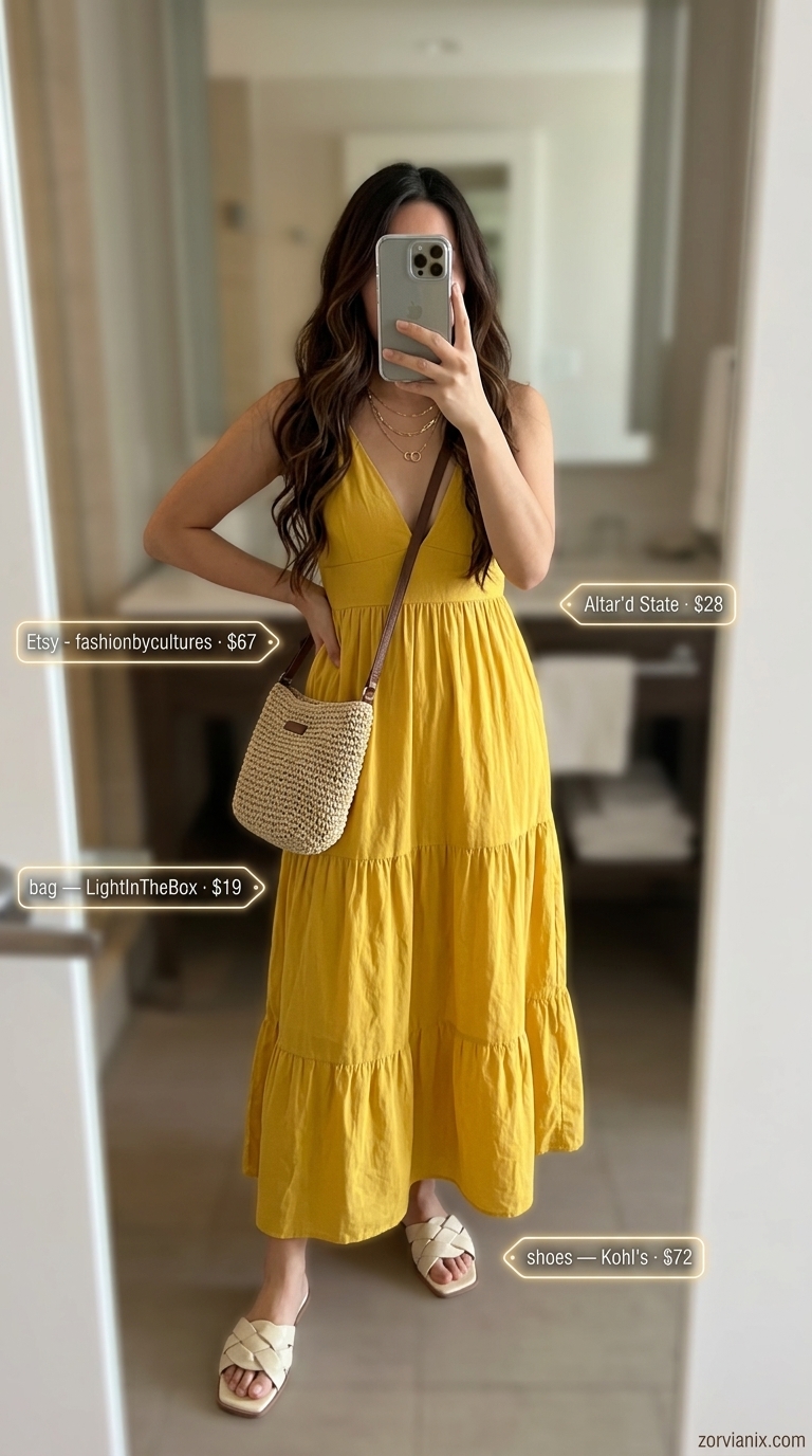 Bohemian Summer Concert Outfits 2026: Maxi Dress Look Concert outfits for women summer 2026: Bohemian mustard yellow maxi dress with layered necklaces for an outdoor event.