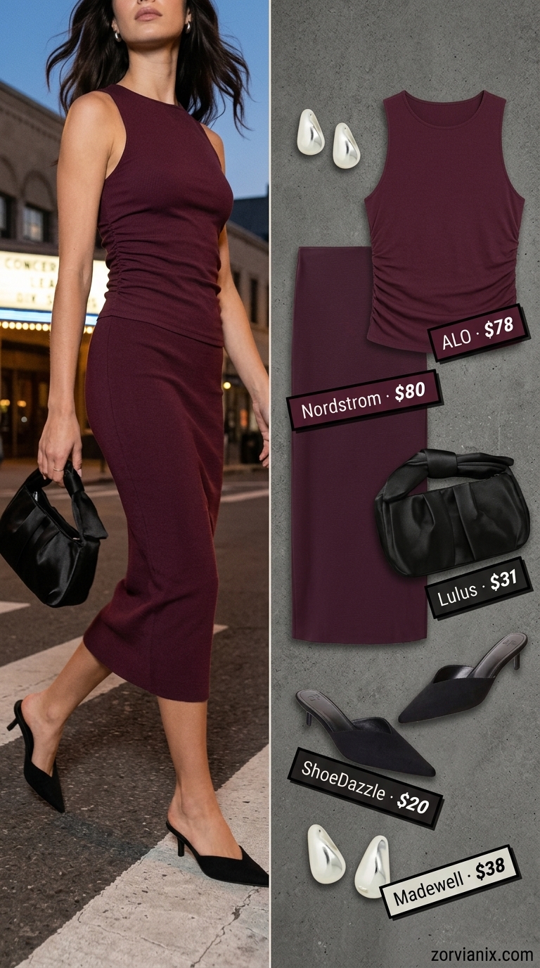 Monochrome Midi Chic Concert Outfits for Women Summer 2026 Burgundy knit set and silver accessories for concert outfits for women summer 2026. Chic and sophisticated.