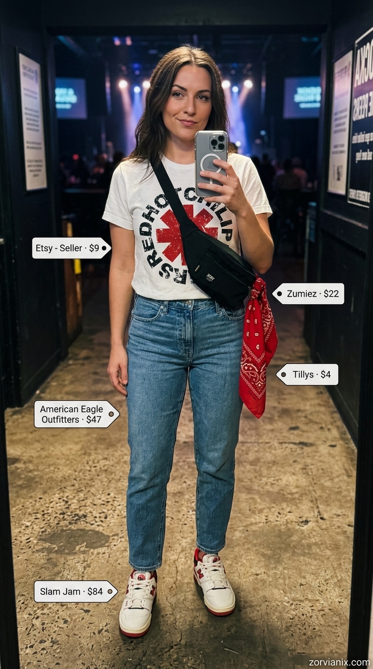 Retro Cool Denim Concert Outfits for Women Summer 2026 Retro band tee, mom jeans, and bandana for concert outfits for women summer 2026. Casual and cool.