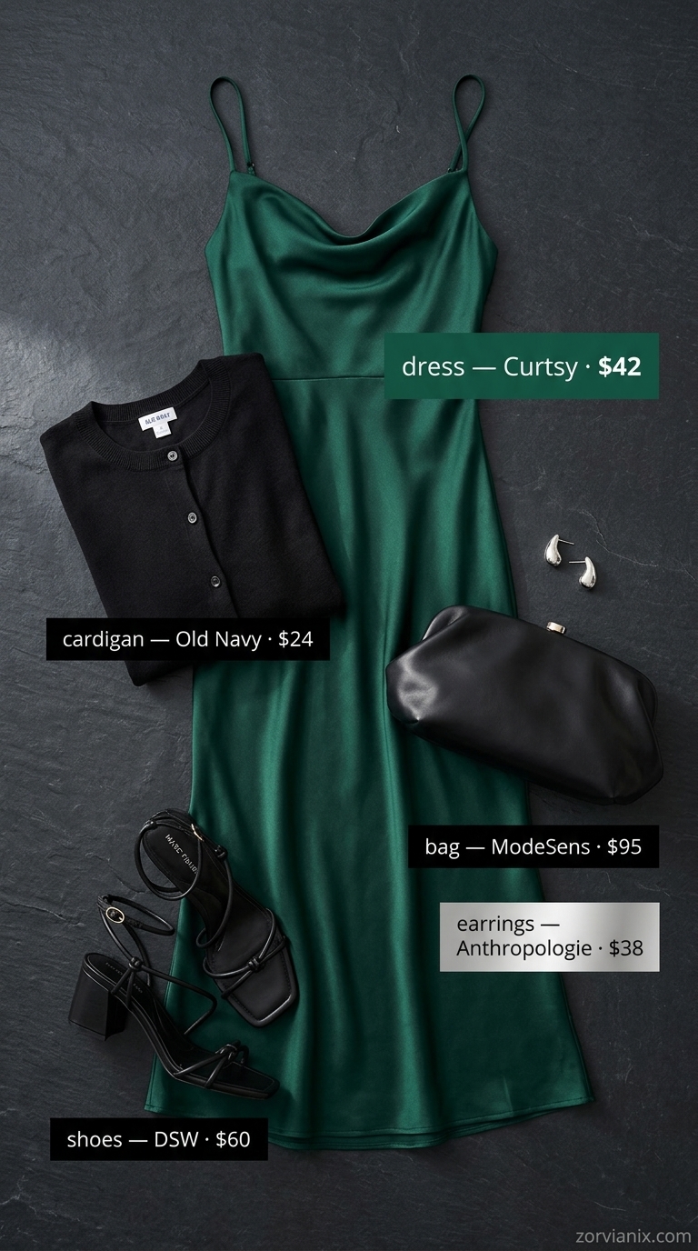 Glamorous Summer Concert Outfits 2026: Satin Slip Dress Concert outfits for women summer 2026: Glamorous emerald green satin slip dress with a cropped cardigan for an evening event.