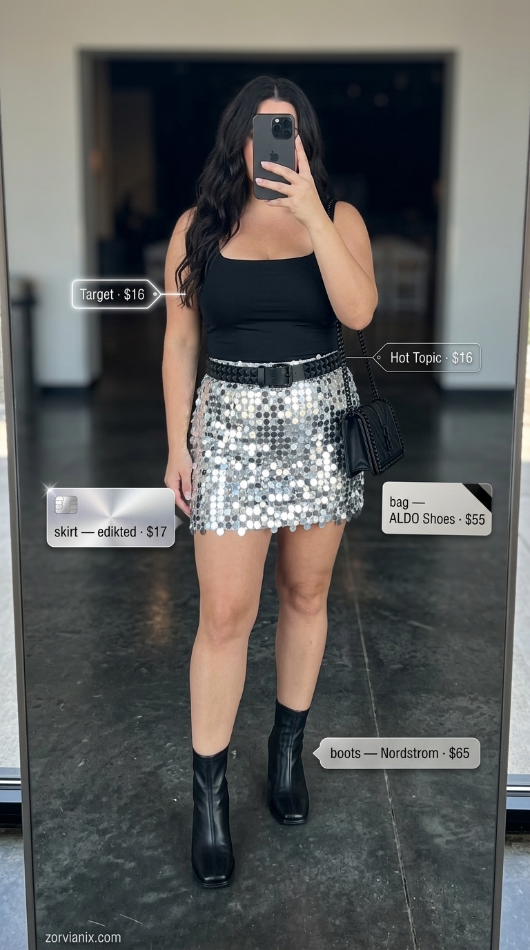 Glamorous Summer Concert Outfits 2026: Sequin Skirt Concert outfits for women summer 2026: Glamorous silver sequin mini skirt with a black crop top and ankle boots.