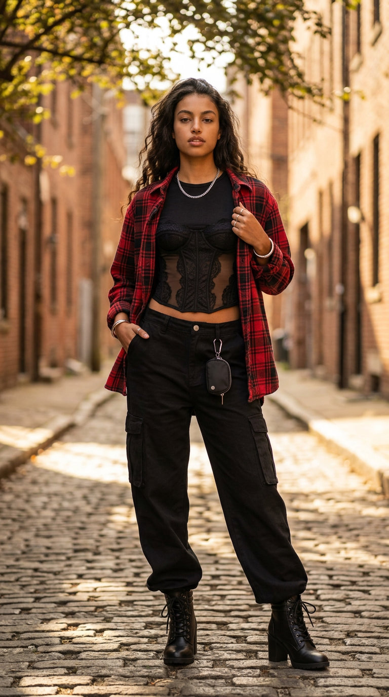 Urban Pulse Concert Outfits for Women Summer 2026 Black corset top, cargo pants, and combat boots for concert outfits for women summer 2026. Edgy and streetwear.