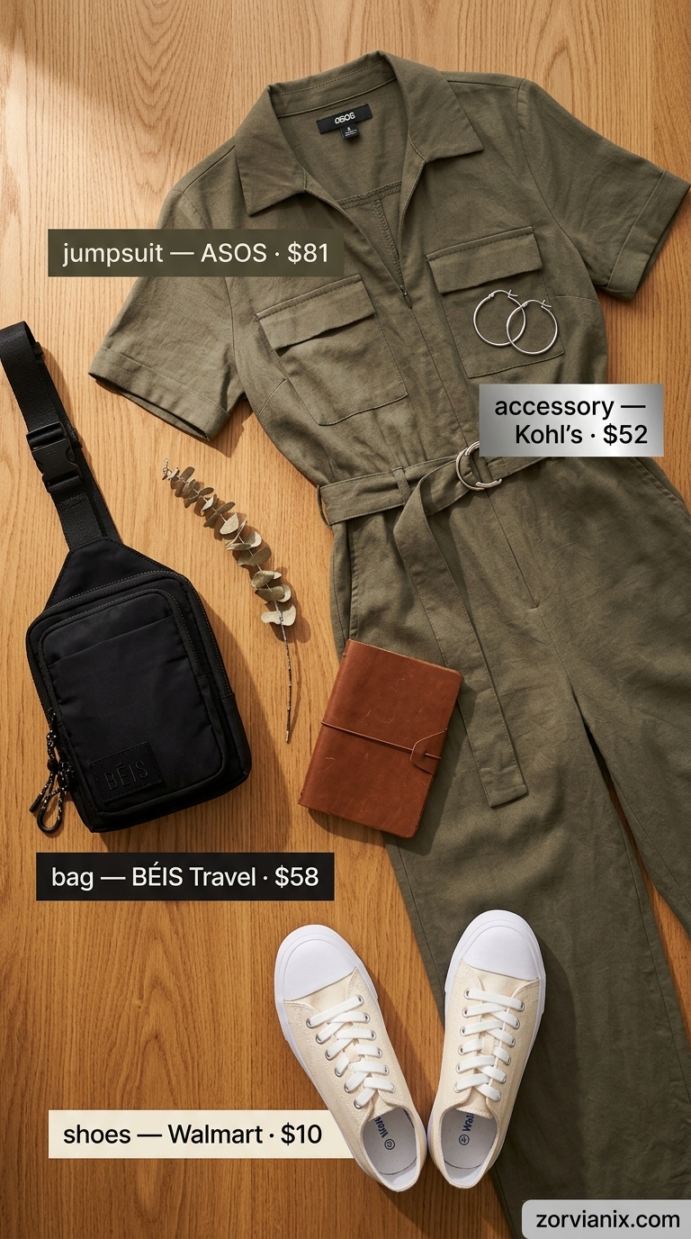 Casual Summer Concert Outfits 2026: Utility Jumpsuit Style Concert outfits for women summer 2026: Effortless khaki utility jumpsuit with sneakers for a casual daytime event.