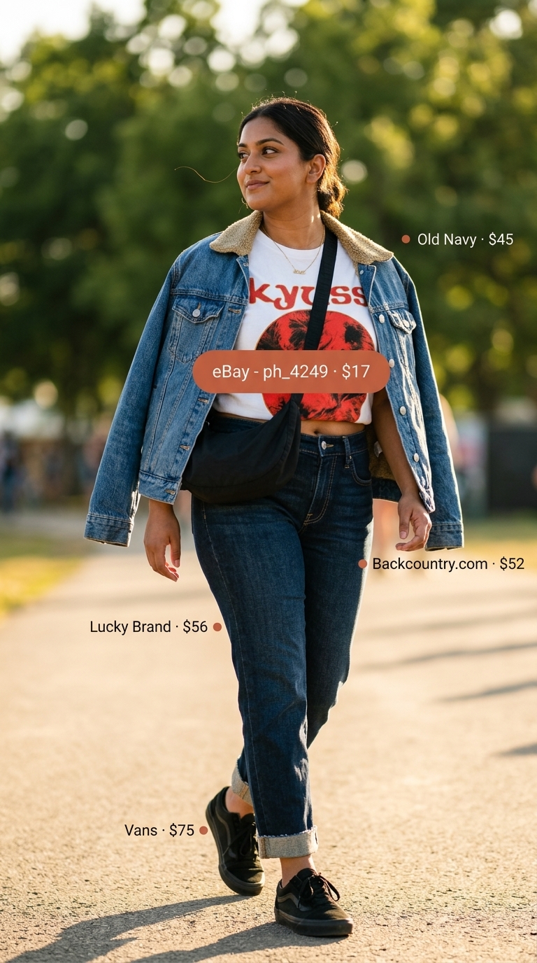 Cool Concert Outfits for Women Summer 2026 Concert outfits for women summer 2026: Denim jacket, graphic tee, and straight-leg jeans for a cool casual look.