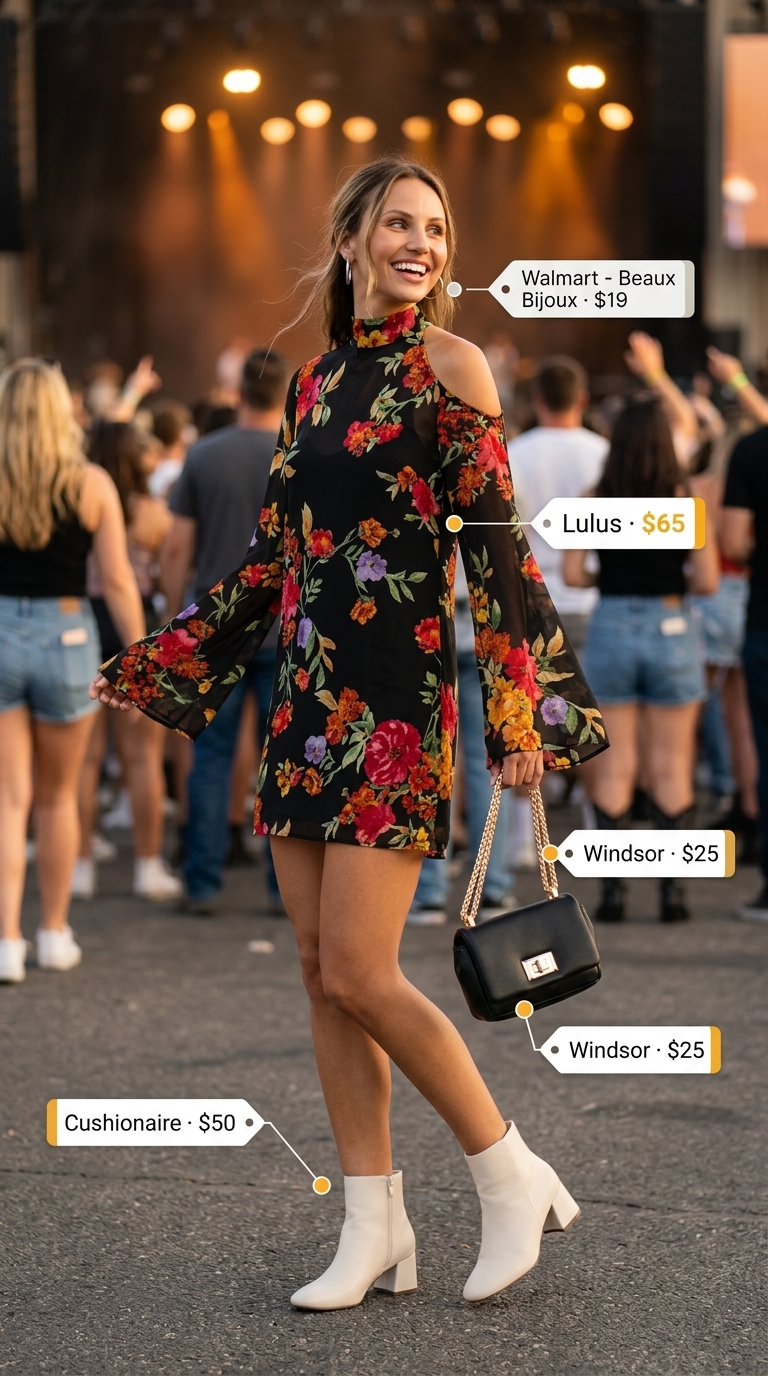 Playful Concert Outfits for Women Summer 2026 Concert outfits for women summer 2026: Floral mini dress, white ankle boots, and black crossbody for a playful look.