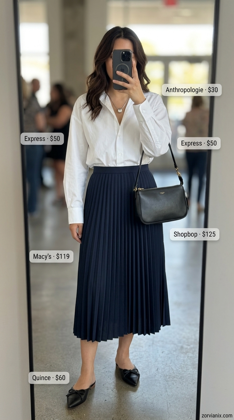 Sophisticated Concert Outfits for Women Summer 2026 Concert outfits for women summer 2026: Navy midi skirt, white button-down, and mules for a sophisticated look.
