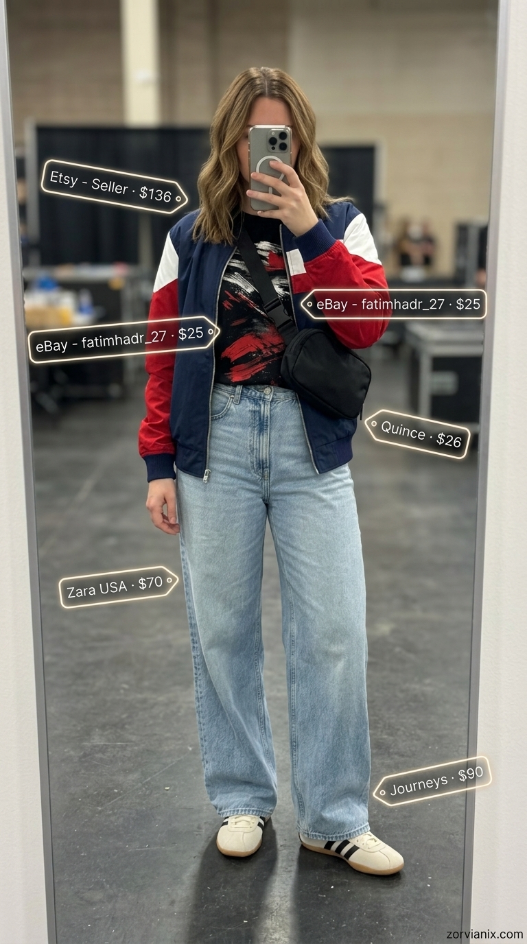 Retro Concert Outfits for Women Summer 2026 Concert outfits for women summer 2026: Color-block bomber jacket, wide-leg jeans, and graphic tee for a retro vibe.
