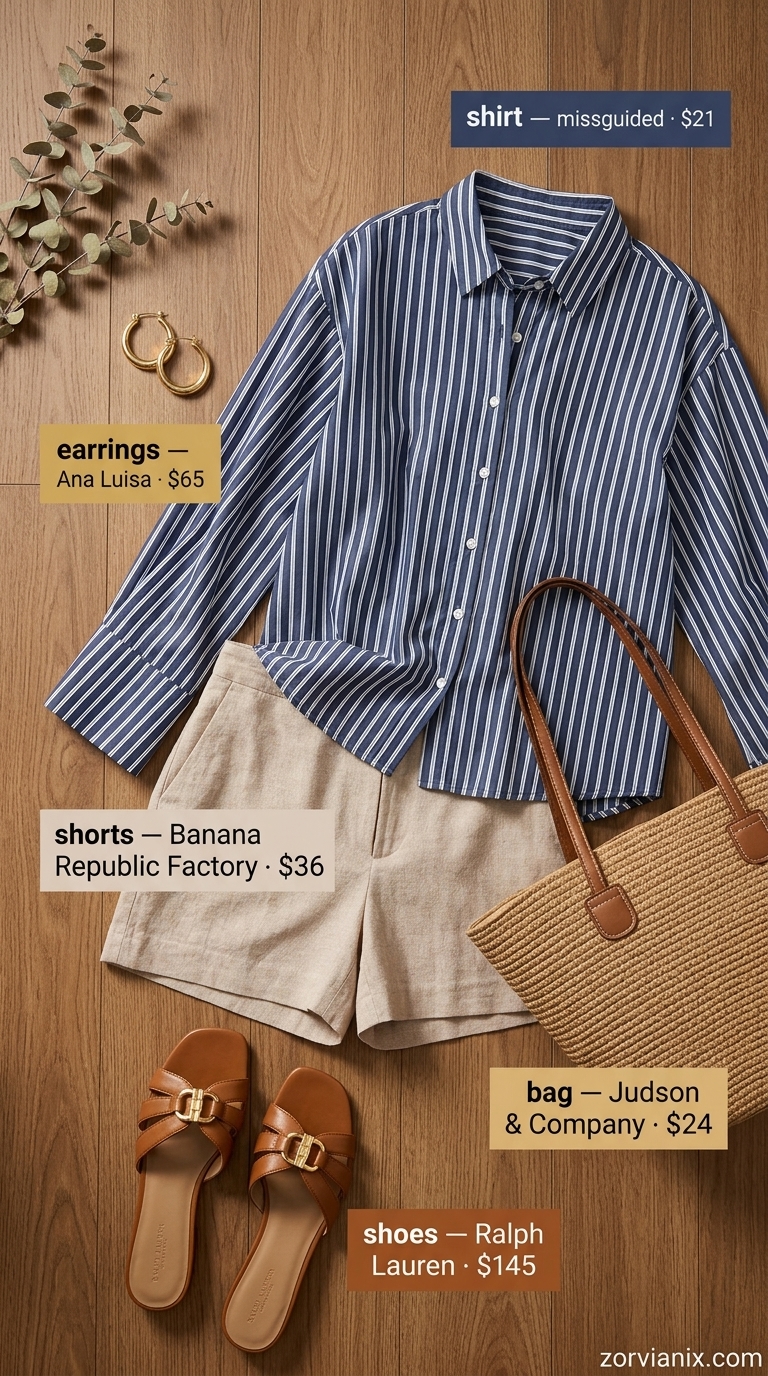 Fresh Concert Outfits for Women Summer 2026 Concert outfits for women summer 2026: Striped button-down, linen shorts, and slides for a fresh casual look.