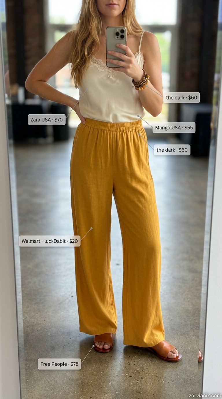 Boho Concert Outfits for Women Summer 2026 Concert outfits for women summer 2026: Mustard yellow wide-leg pants and satin camisole for a boho look.