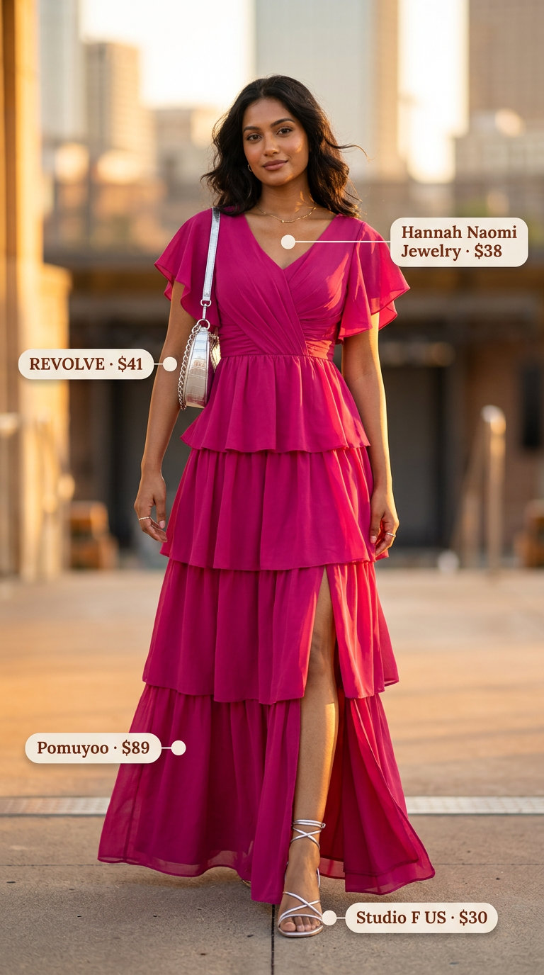 Concert outfits for women summer 2026: Fuchsia maxi dress, silver sandals, and rings for a vibrant festival look.