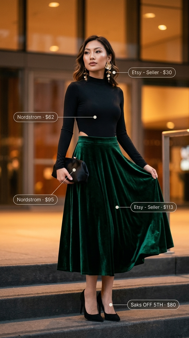 Glamorous Concert Outfits for Women Summer 2026 Concert outfits for women summer 2026: Emerald velvet skirt, black bodysuit, and statement earrings for a glam look.