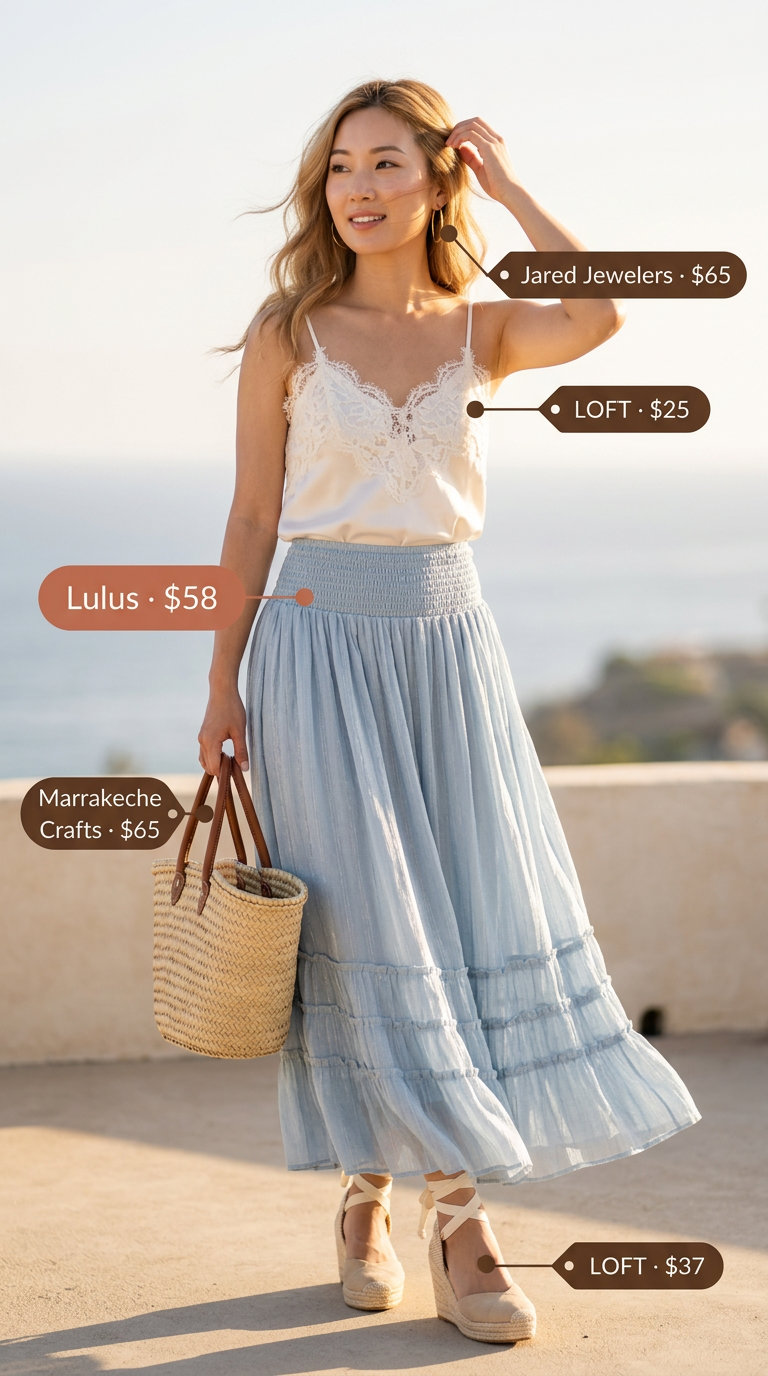 Breezy coquette summer outfits for women 2026: Soft blue tiered skirt, ivory camisole, gold hoops.