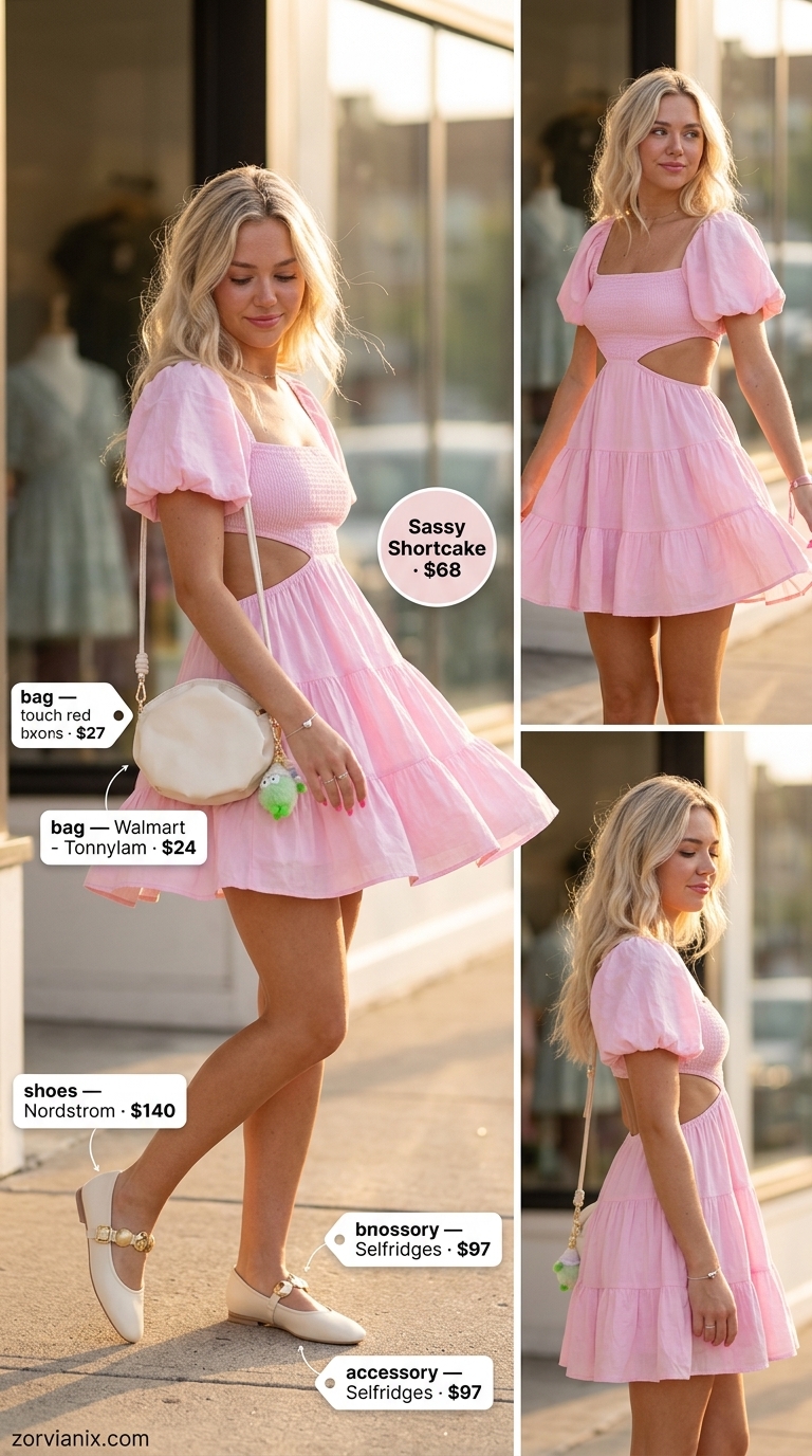 Coquette summer outfits for women 2026: Blush pink babydoll dress, white crossbody bag, and ballet flats for a date.