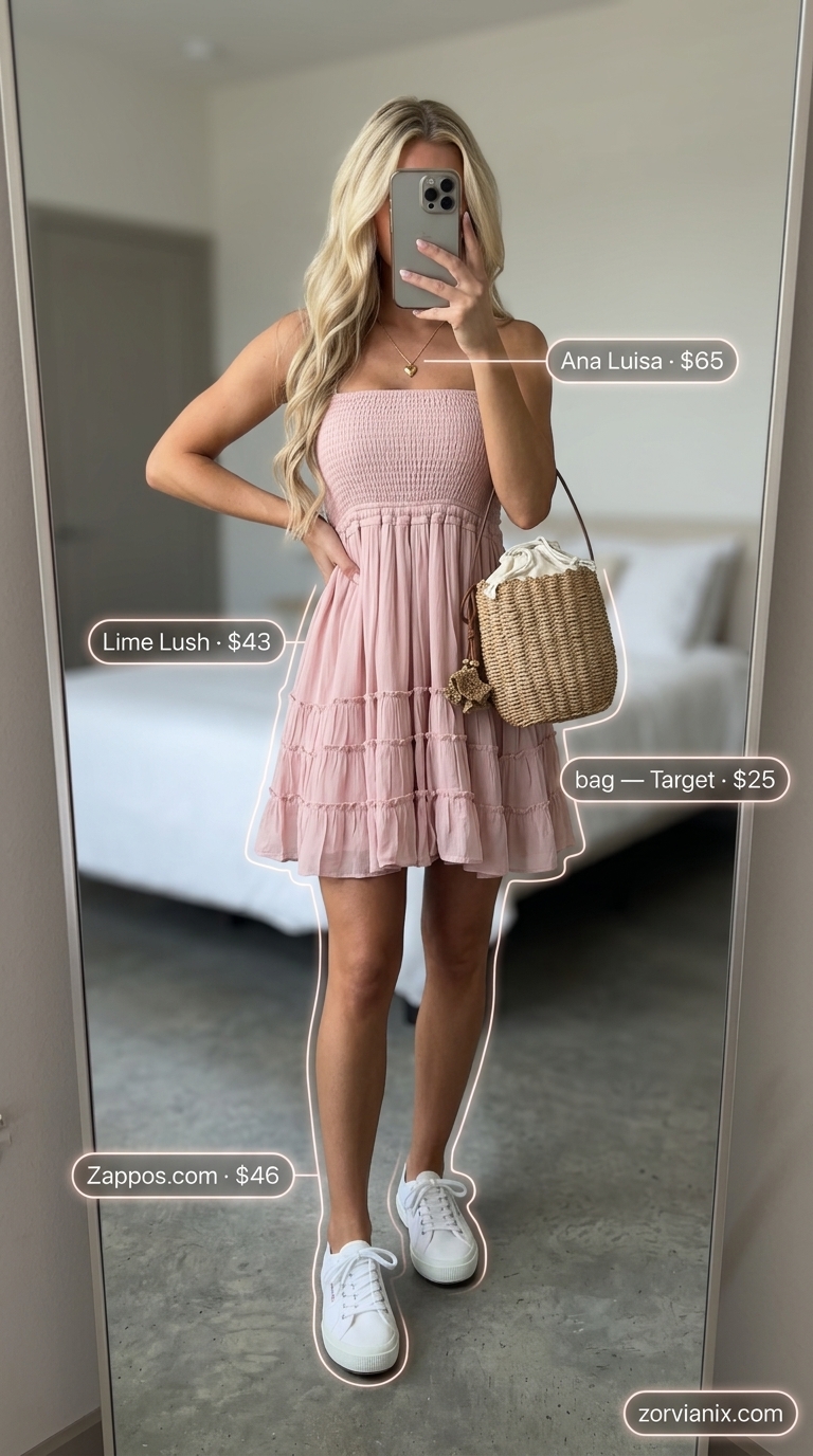 Coquette summer outfits for women 2026: Blush pink sundress, canvas sneakers, and straw bucket bag for a beach town.