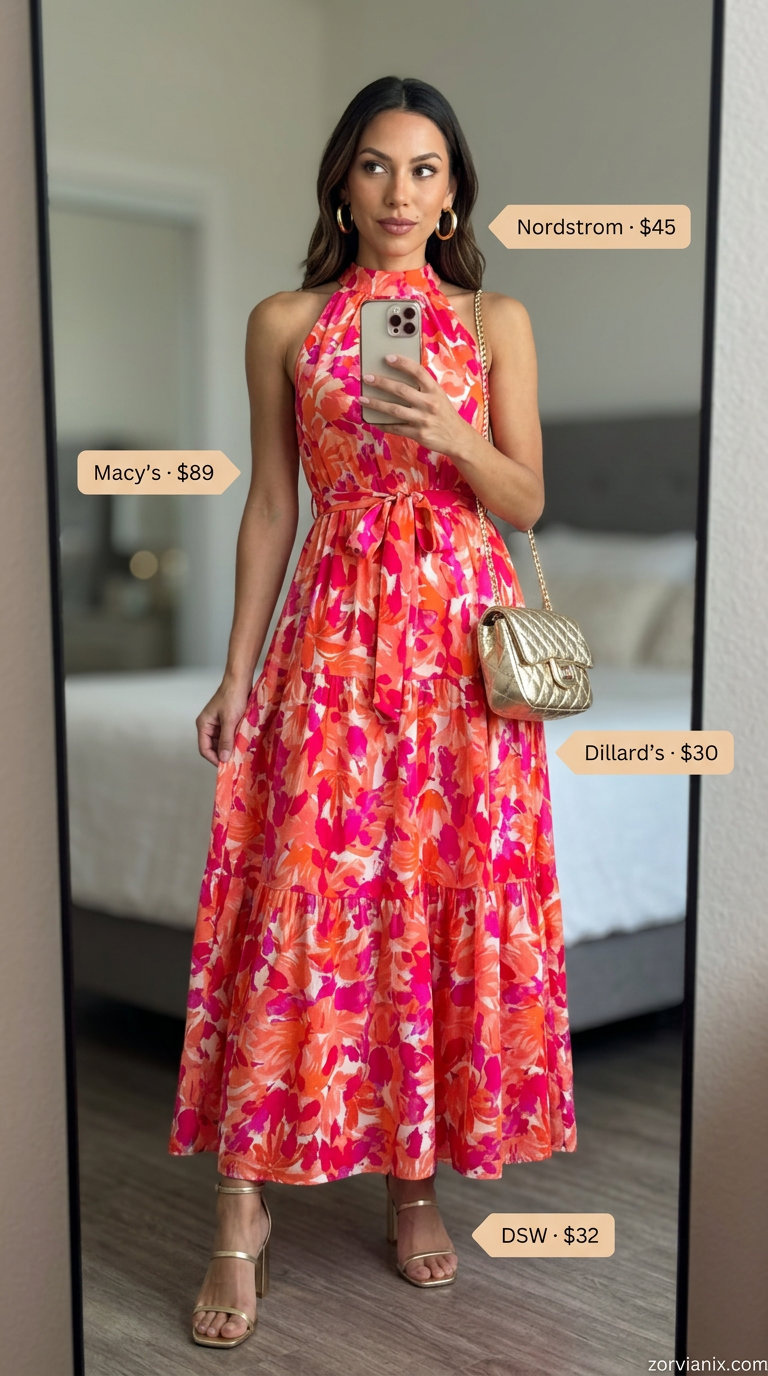 Coquette summer outfits for women 2026: Hot pink abstract maxi dress, metallic gold heels, and gold hoop earrings for a bold statement.