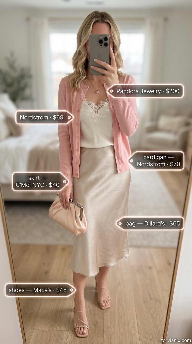 Coquette summer outfits for women 2026: Champagne slip skirt, lace cami, and rose cardigan for afternoon tea.