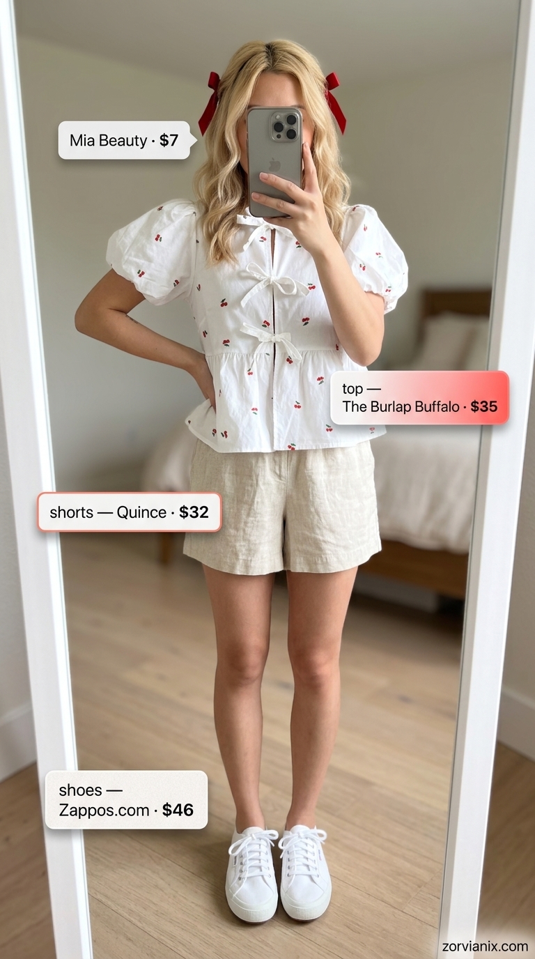 Coquette summer outfits for women 2026: Cherry print puff sleeve top, linen shorts, and canvas sneakers for strawberry picking.