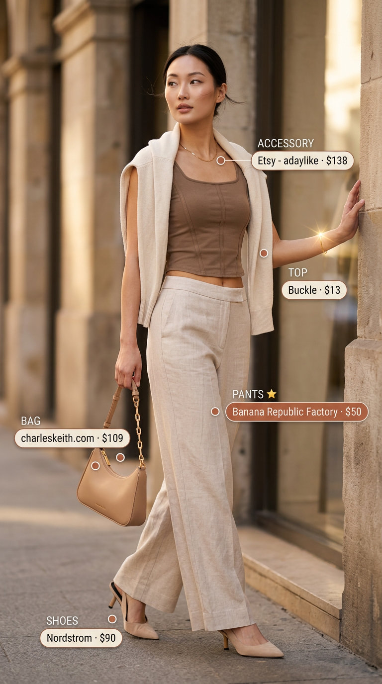 Coquette summer outfits for women 2026: Cream wide-leg pants, fitted corset top, suede heels, and structured bag for city chic.