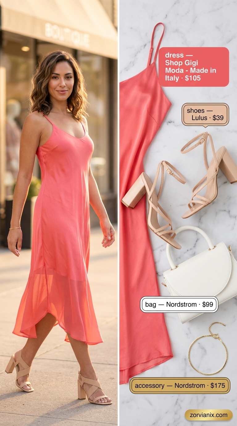Coquette summer outfits for women 2026: Coral satin slip dress, gold jewelry, and nude sandals for a date night.