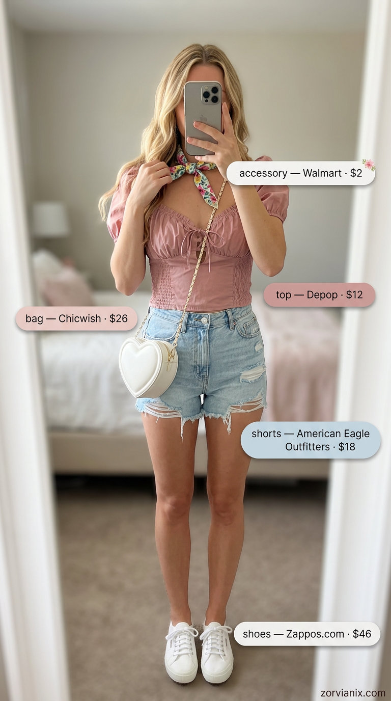 Playful coquette summer outfits for women 2026: Denim shorts, puff sleeve top, bandana, sneakers.