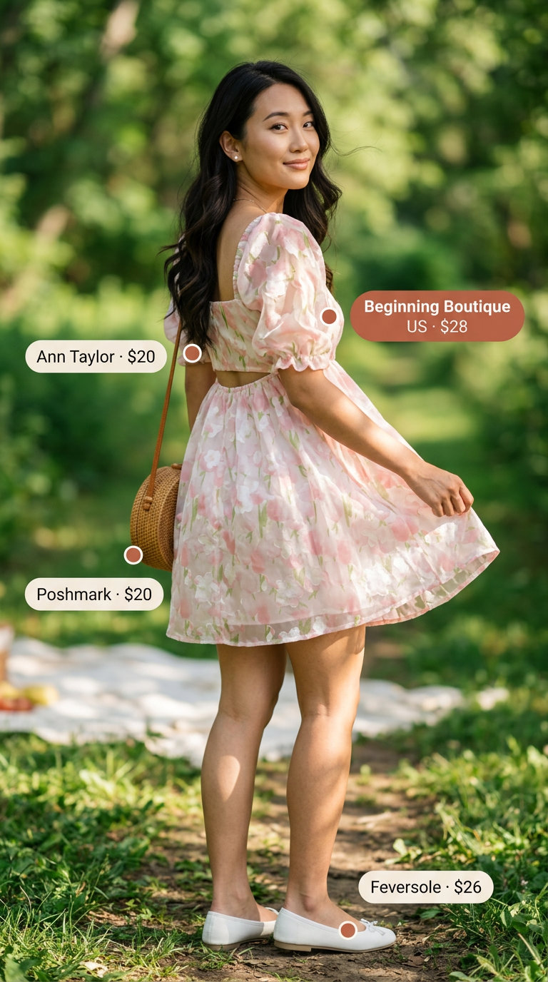 Coquette summer outfits for women 2026: Pastel pink floral babydoll mini dress, ballet flats, pearl earrings, and wicker bag.